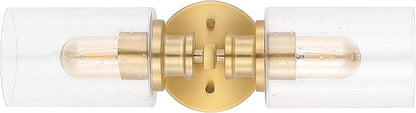 JONATHAN Y 16.5" Brass Gold 2-Light LED Wall Sconce, Modern Farmhouse Vanity Light with Seeded Glass Shade, Industrial Iron Fixture for Bathroom Mirror, LED Bulbs Included (JYL7577E)