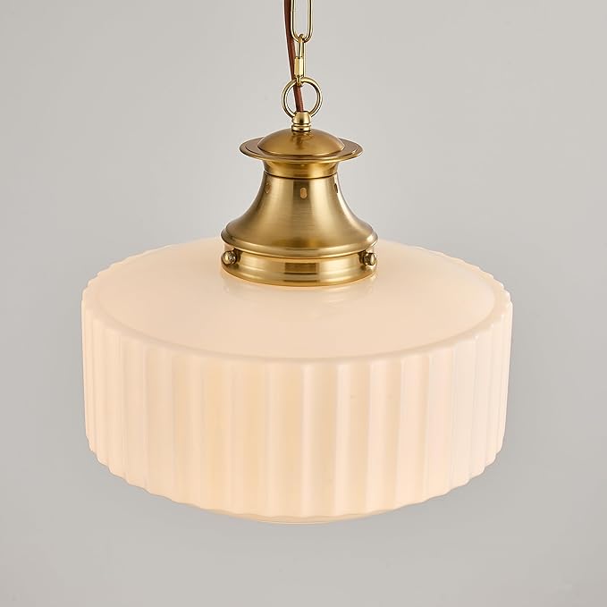 Vintage Brass Milk Glass Pendant Light Fixture, Mid‑Century Modern Chandelier, Antique Schoolhouse Pendant Lights for Kitchen Island, Dining Room, Entryway, Hallway, E26 Base