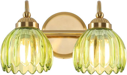 Vintage Bathroom Light Fixtures, Brass Vanity Lights with Green Tulip Glass Shade, Vanity Sconces for Bathroom Bedroom Living Room Hallway, 2-Light