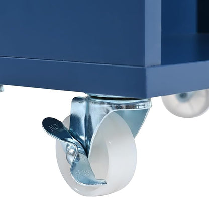 RUNNA Rolling Kitchen Island with Extended Table,Kitchen Island on Wheels with LED Lights,Power Outlets and 2 Fluted Glass Doors, with a Storage Compartment and Side 3 Open Shelves (Navy Blue~018)