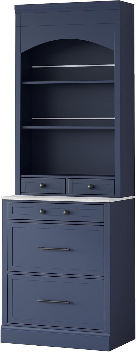 Modern 83.7inch High Kitchen Pantry Freestanding Tall Hutch with Faux Marble Top Display Cupboard with 5 Storage Drawers Practical(Blue)