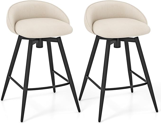 Giantex Swivel Bar Stools Set of 2, 25" Counter Height Bar Chairs with Footrest, Low Backs & Metal Frame, Upholstered Line Fabric Barstools for Kitchen Island, Cafe & Pub, Beige