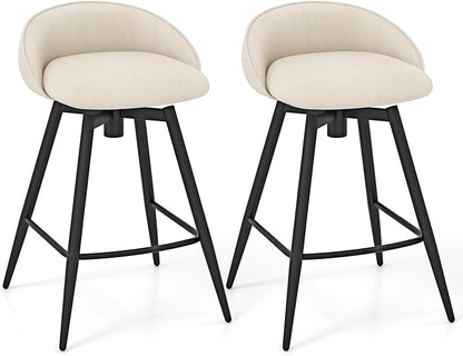 Giantex Swivel Bar Stools Set of 2, 25" Counter Height Bar Chairs with Footrest, Low Backs & Metal Frame, Upholstered Line Fabric Barstools for Kitchen Island, Cafe & Pub, Beige