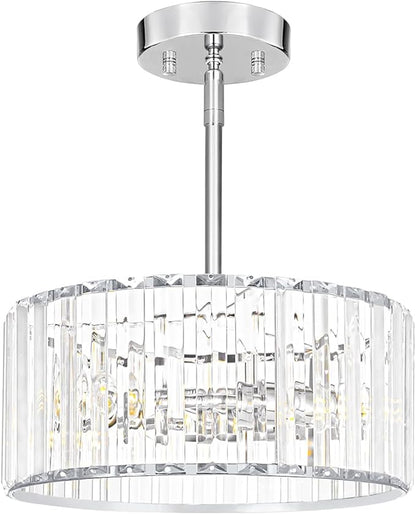 Modern Crystal Chandelier for Dining Room, Chrome Semi Flush Mount Ceiling Light Fixtures, Round Kitchen Hanging Drum Pendant Lights Ceiling, 12” Crystal Pendant Lighting for Foyer Bedroom Living Room