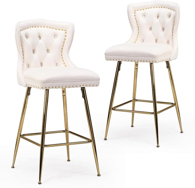 Stools Set of 2, Velvet Counter Height Stools with Metal Legs, Button Tufted and Nailheads Trim, Wing-Back Chairs for Kitchen Island Dining Room Pub, Beige
