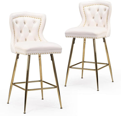 Stools Set of 2, Velvet Counter Height Stools with Metal Legs, Button Tufted and Nailheads Trim, Wing-Back Chairs for Kitchen Island Dining Room Pub, Beige