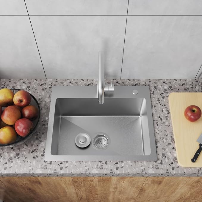 20" x 16" Drop in Kitchen Sink 304 Stainless Steel Single Bowl Topmount Kitchen Sink with Drain Kit and Bottom Grid, Brushed