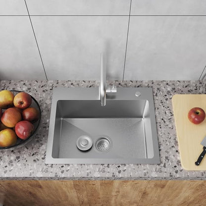 20" x 16" Drop in Kitchen Sink 304 Stainless Steel Single Bowl Topmount Kitchen Sink with Drain Kit and Bottom Grid, Brushed