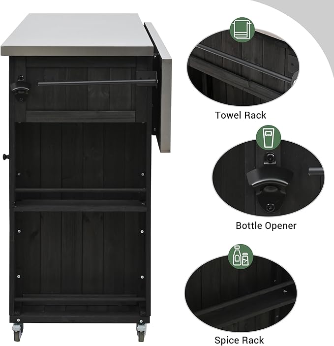 YOPTO Outdoor Kitchen Island Fir Wood Kitchen Island with Stainless Steel Top,Ample Storage Space,Towel and Spice Racks and a Bottle Opener for Outdoor,Black