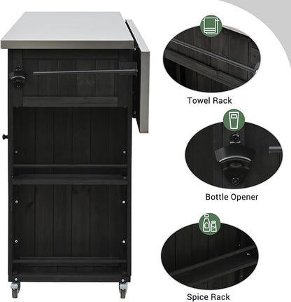 YOPTO Outdoor Kitchen Island Fir Wood Kitchen Island with Stainless Steel Top,Ample Storage Space,Towel and Spice Racks and a Bottle Opener for Outdoor,Black