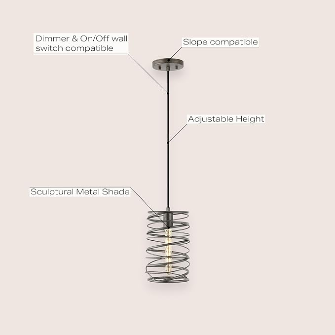 JONATHAN Y 7.25" Antique Silver Modern Iron Spiral LED Pendant Light for Kitchen Island, Glam Hanging Ceiling Fixture for Bedroom Dining Room, Metal Painting Shade, LED Bulb Included (JYL7910C)