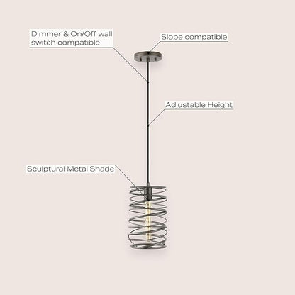 JONATHAN Y 7.25" Antique Silver Modern Iron Spiral LED Pendant Light for Kitchen Island, Glam Hanging Ceiling Fixture for Bedroom Dining Room, Metal Painting Shade, LED Bulb Included (JYL7910C)