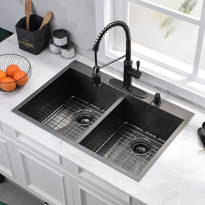 33 Inch Black Double Bowl Drop In Kitchen Sink-Bokaiya 33x22 Drop In Kitchen Sink 50/50 Double Bowl 16 Gauge Deep Low Divided Stainless Steel Basin with Roll Up Rack