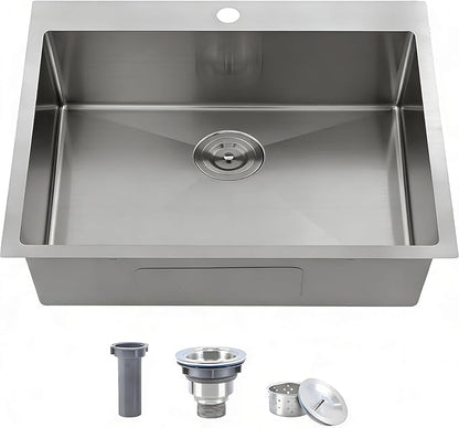 IKEBANA Kitchen Sink 22 x 18 inch, 304 Stainless Steel Brushed Nickel Small Kitchen Bar Sink, Topmount Drop in RV Single Bowl Sink with Strainer