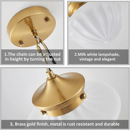 youngrender Schoolhouse Pendant Fixtures, 9" Brass Gold Milk Glass Pendant Light, Adjustable Mid Century Ceiling Pendant Lighting for Bedroom Kitchen Living Room Hallway Dining Room