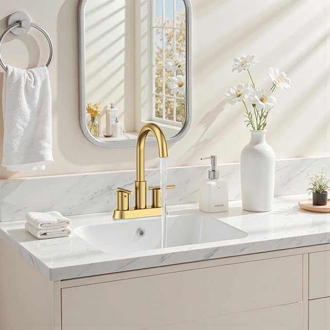Hurran 4 Inch Bathroom Faucet for Sink 3 Hole, Gold Bathroom Faucet with Pop-up Drain and 2 Supply Hoses,Stainless Steel Lead-Free 2-Handle Centerset Faucet for Sink Vanity RV