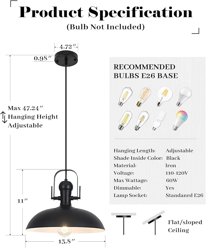 Black Pendant Lights Kitchen Island 2 Pack, Dome Pendant Light 13.8" W, Black Farmhouse Pendant Light for Kitchen Barn Hallway Porch Dining Room