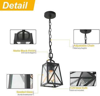Outdoor Pendant Light Fixture, Farmhouse Exterior Anti-Rust Hanging Lights, Black Ceiling Outdoor Light with Seeded Glass, Hanging Lantern for Front Door, Entry, Porch, and Gazebo