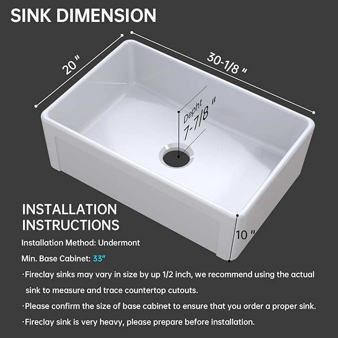 30 Inch White Farmhouse Sink Apron Front Ceramic Porcelain Fireclay Single Bowl Sink Large Deep Farm Kitchen Sinks 30" x 20" x10"