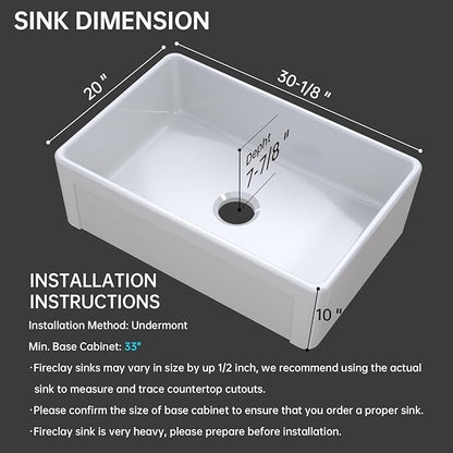 30 Inch White Farmhouse Sink Apron Front Ceramic Porcelain Fireclay Single Bowl Sink Large Deep Farm Kitchen Sinks 30" x 20" x10"