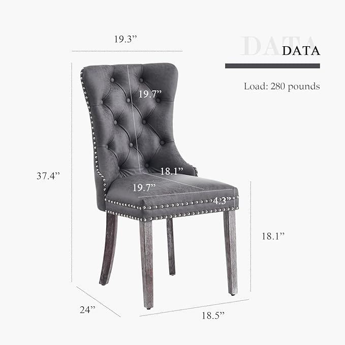 Eifizek Leather Dining Chair Set of 4, Dining Room Chairs with Nailhead Ring Pull Trim, Upholstered Dining Chairs with Solid Wood Legs for Kitchen Dining Room (Grey)