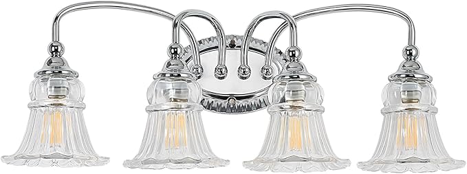 4-Light Bathroom Light Fixtures Vintage Chrome Vanity Lights Over Mirror with Floral Glass Shade for Bathroom Powder Room, Living Room Hallway