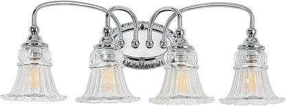 4-Light Bathroom Light Fixtures Vintage Chrome Vanity Lights Over Mirror with Floral Glass Shade for Bathroom Powder Room, Living Room Hallway
