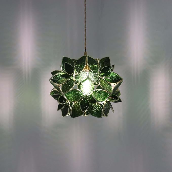 Bieye L11042 Petals Tiffany Style Stained Glass Ceiling Pendant Light for Home Decoration (Textured Deep Green, 12" Rose Lily)