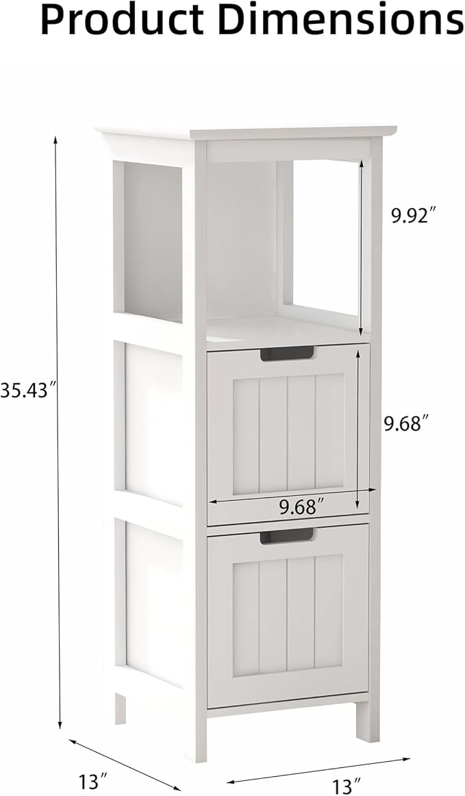 Casaphoria 2-Drawer Bathroom Floor Cabinet, Wooden Storage Organizer with Side Rack, Freestanding Stand Table for Bathroom, Hallway, White