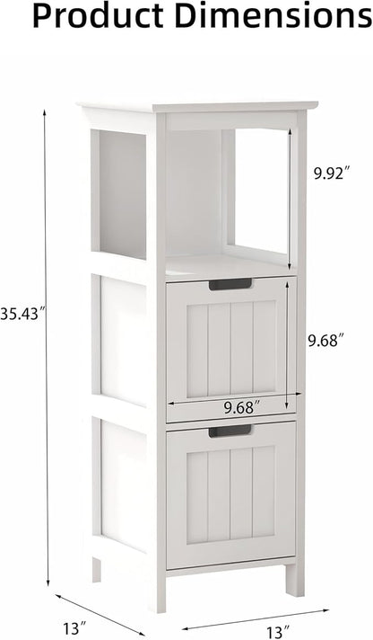 Casaphoria 2-Drawer Bathroom Floor Cabinet, Wooden Storage Organizer with Side Rack, Freestanding Stand Table for Bathroom, Hallway, White