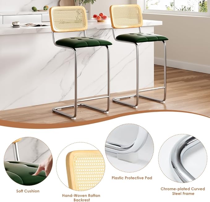 Counter Height Bar Stools Set of 2, Upholstered PU Leather Barstools with Rattan Back, for Kitchen Island, Black (Green + Metal + Rattan + Rattan+Metal + Modern)