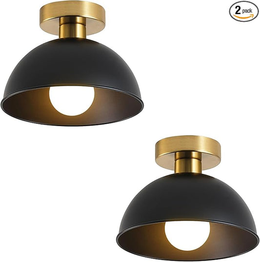 2 Pack Semi Flush Mount Ceiling Light with Gold Plate and Matte Black Shade, Farmhouse Ceiling Light Fixture for Kitchen Island Foyer Hallway Porch(2 Pack Black)