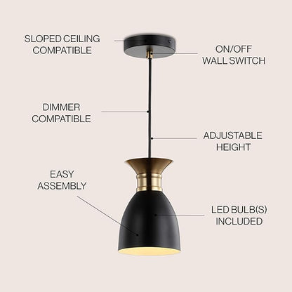 JONATHAN Y 5.75" Black/Brass Gold Modern Metal LED Pendant Light Fixture, Adjustable Hanging Ceiling Lamp for Kitchen Island Bedside, Metal Black Shade, LED Bulb Included JYL6136A
