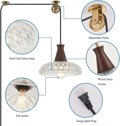 YLONG-ZS Hanging Lamp Plug in,Hanging Lights with Plug in Cord Glass Modern Pulley Walnut Color Wood Plug in Pendant Lights Vintage for Kitchen Island,Living Room,Bedroom,Dining Room,Corner