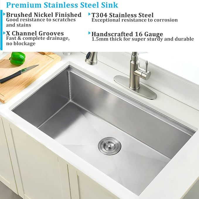 32-inch Undermount Workstation Kitchen Sink Single Bowl 16 Gauge Stainless Steel Kitchen Sink Handmade R10 Deep Basin