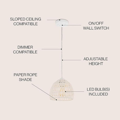 JONATHAN Y 8.25" White Modern Bohemian Woven Rope LED Pendant Light Fixture, Adjustable Dome Ceiling Lamp for Kitchen Island, Rope Shade, Coastal Farmhouse Decor (JYL6512A)