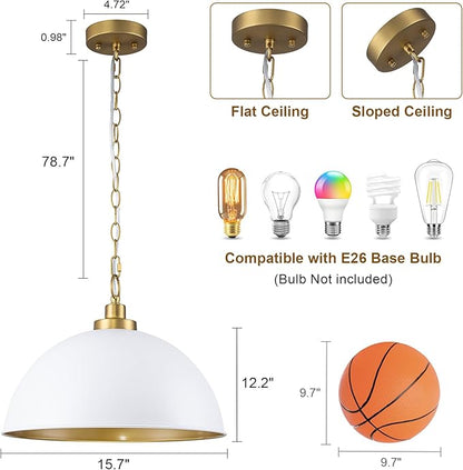 Lingkai Farmhouse Pendant Light Fixtures, 15.7" White and Gold Dome Pendant Lighting Kitchen Island, Adjustable Height Vintage Hanging Ceiling Lights for Kitchen Island Dining Room Foyer Restaurant