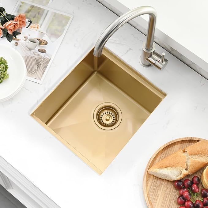 Undermount Gold Bar Sink, 12 x 15 inch Undermount Wet Bar Sink 16 Gauge Stainless Steel Brushed Gold Basin for Outdoor RV Kitchen