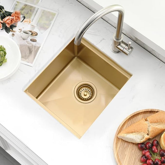Undermount Gold Bar Sink, 12 x 15 inch Undermount Wet Bar Sink 16 Gauge Stainless Steel Brushed Gold Basin for Outdoor RV Kitchen