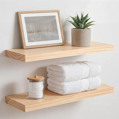 Homeforia 20 inch Natural Floating Shelf, High End Solid Real Wood 20inch Small Floating Shelves for Wall Mounted, Natural Wooden Floating Shelves, Heavy Duty Bracket, 20 X 6.5 X 1.75 in, Set of 3
