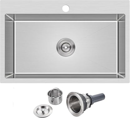 ROVATE 26 ×18 inches Drop-in Kitchen Sink Single Bowl 304 Stainless Steel, Handmade 9 Inches Deep Topmount Kitchen Sink with 1 Hole