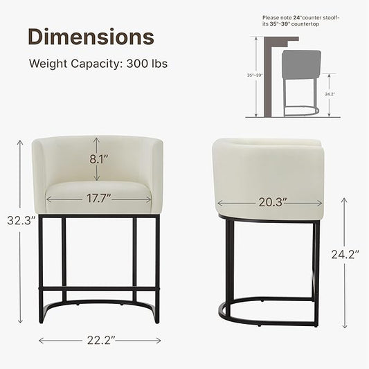 24" Counter Height Bar Stools Set of 4, Modern Barrel Counter Stools with Backrest and Arms, Fabric Upholstered Accent Barstools with Metal Legs for Kitchen Island,Ivory