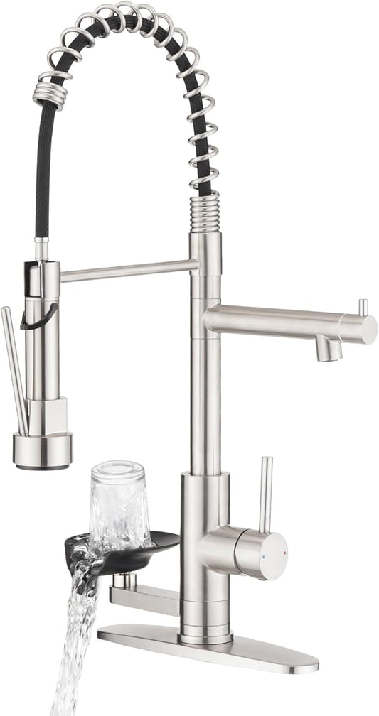 Kitchen Sink Fuacet with Glass Rinser, Single Handle Kitchen Faucet with Pot Filler, Pull Down Sparyer, Deck Plate, 304 Stainless Steel, Brushed Nickel