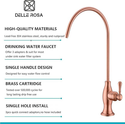 Delle Rosa Drinking Water Faucet in Copper Finish, Retro Stainless Steel Kitchen Water Filter Faucet, Commercial Water Filtration Faucet for Under Sink Water Filter System,Copper Finish,Non-Air Gap