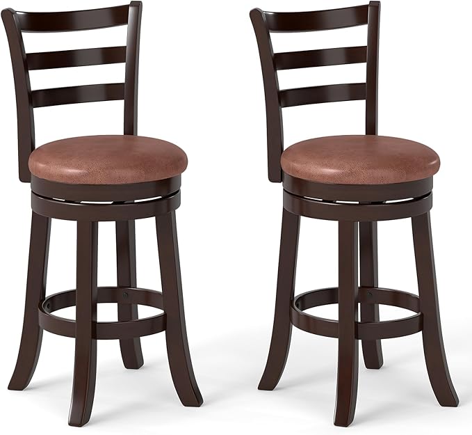 Giantex Swivel Bar Stools Set of 2, 26" Upholstered Counter Height Bar Chairs w/High Backrest, Faux Leather Seat, Solid Rubber Frame & Wrap-Around Footrest, Wooden Barstools for Kitchen Island, Pub