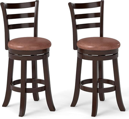 Giantex Swivel Bar Stools Set of 2, 26" Upholstered Counter Height Bar Chairs w/High Backrest, Faux Leather Seat, Solid Rubber Frame & Wrap-Around Footrest, Wooden Barstools for Kitchen Island, Pub