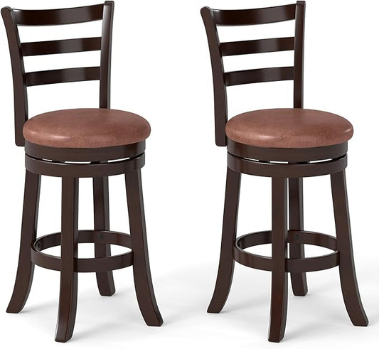Giantex Swivel Bar Stools Set of 2, 26" Upholstered Counter Height Bar Chairs w/High Backrest, Faux Leather Seat, Solid Rubber Frame & Wrap-Around Footrest, Wooden Barstools for Kitchen Island, Pub