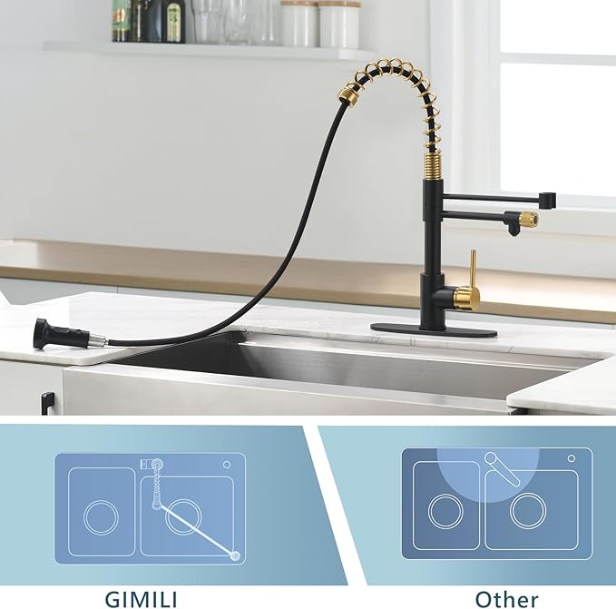 GIMILI Black and Gold Drinking Water Faucet 3 in1 Commercial Style Pull-Down Single Handle Filter Kitchen Faucet for Water Filtration System,Without Water Filtration Device