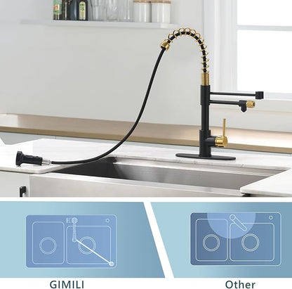 GIMILI Black and Gold Drinking Water Faucet 3 in1 Commercial Style Pull-Down Single Handle Filter Kitchen Faucet for Water Filtration System,Without Water Filtration Device