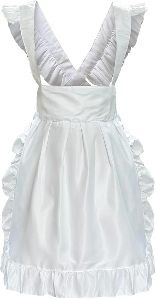 Cityelf Vintage White Apron Maid Pioneer Costume Victorian Style Cotton 50’s Ruffle Dress Apron with Long Ties and Pockets